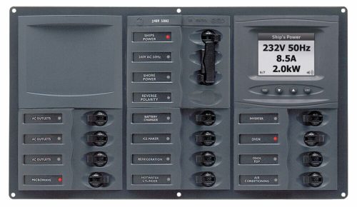 BEP Marine AC Circuit Breaker Panel with Digital Meters, 12SP 2DP AC120V ACSM Stainless Steel Horizontal