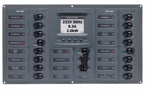 BEP Marine AC Circuit Breaker Panel with Digital Meters, 16SP 2DP AC120V ACSM Stainless Steel Horizontal