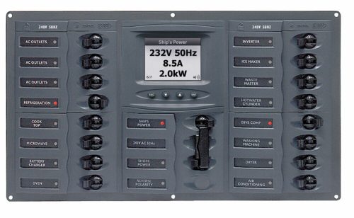 BEP Marine AC Circuit Breaker Panel with Digital Meters, 16SP 2DP AC230V ACSM Stainless Steel Horizontal