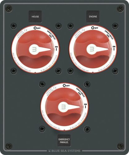 Blue Sea Systems Panel DC Battery Management Dual Bank With Emergency Cross Connect Incl 3x6006-BSS, (Kapcsoló panel)